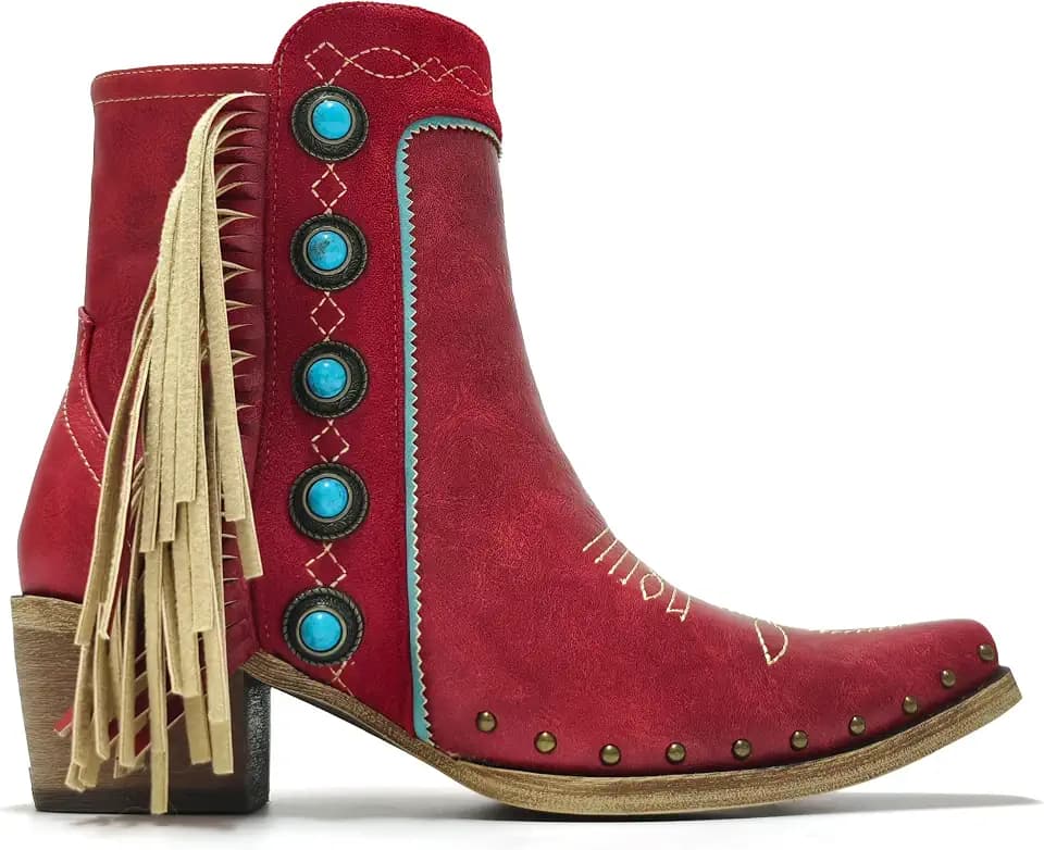 MissHeel Fringe Booties Studded Women Cowboy Ankle Boots with Turquoise Stones