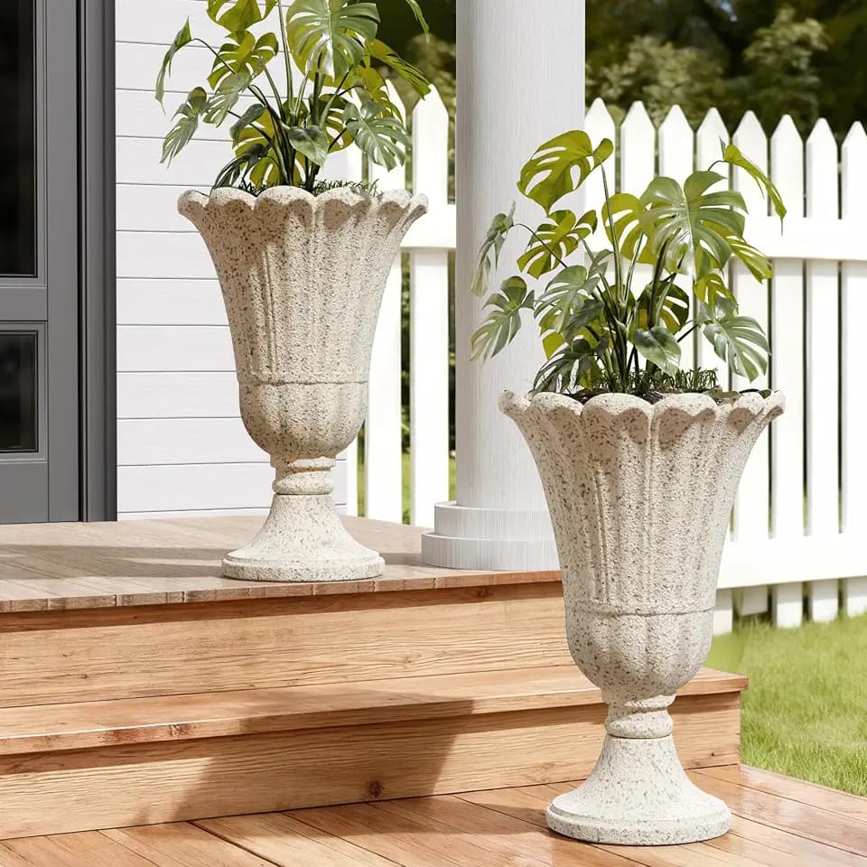 Tall Plastic Urn Planters and Pedestal - 24" Outdoor Planter Beige