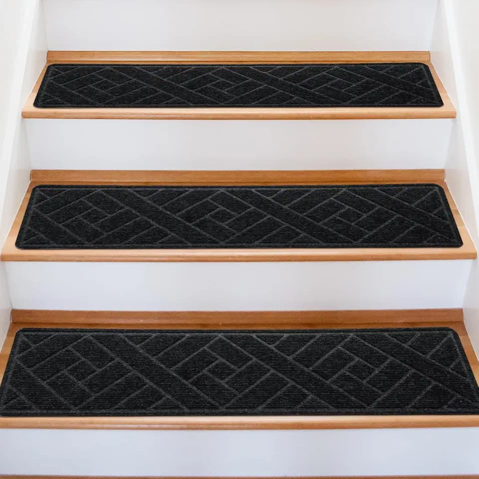 15 Pack 8 "X 30" Non-Slip Carpet Stair Treads for Indoor Wooden Steps, Made of Polyester and Reusable Adhesive, Suitable for Kids Elders and Pets（Black Lines）