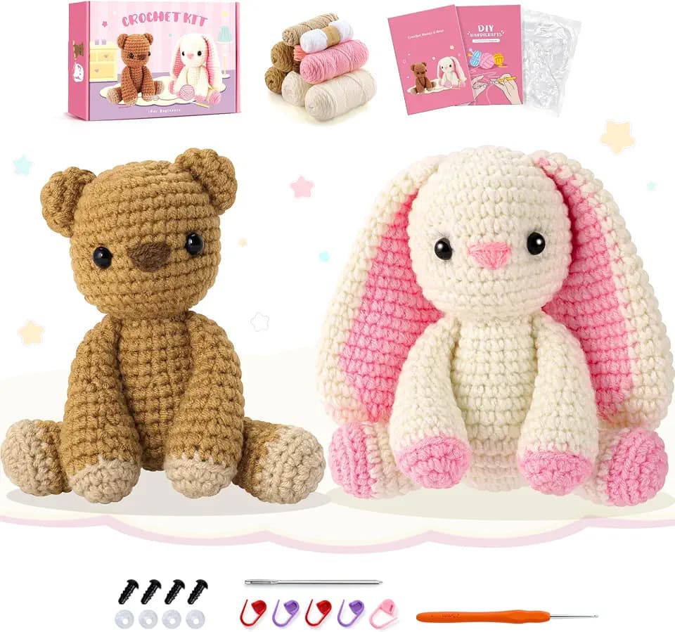 Bär Häkelset für Anfänger Häkeln Häschen Kit mit Anleitung, Bär Stricksets Tier Kit Häkeln Anfänger Häkeln Tiere Häkeln Starter Kit Komplettes Strickset (Braun Weiß)