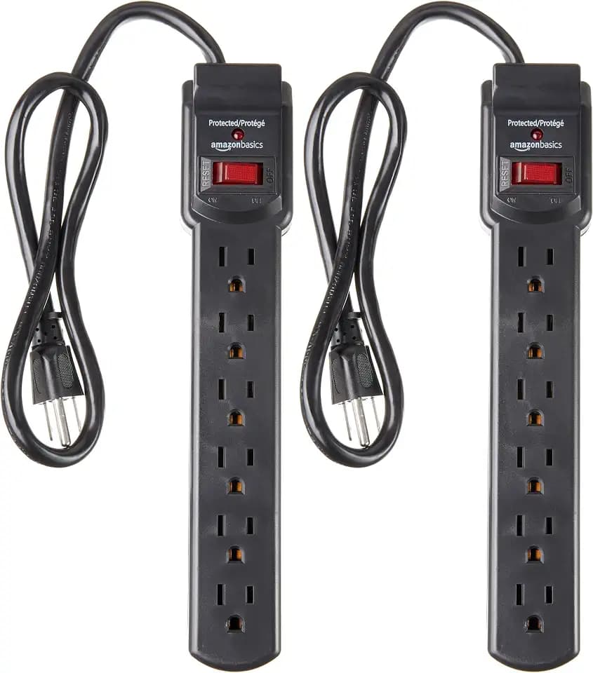 Amazon Basics 6-Outlet Surge Protector Power Strip with 200J Protection, Circuit Breaker, 2ft Extension Cord, Black, 2-Pack