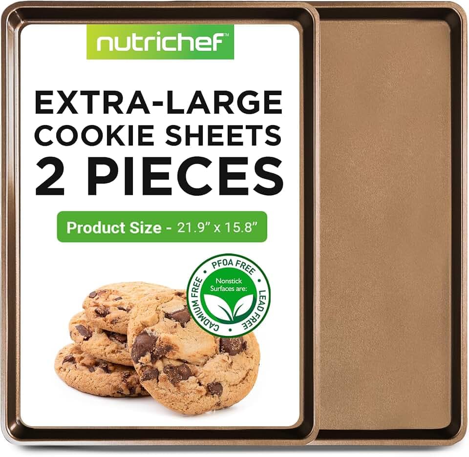 NutriChef Nonstick Extra Large Baking Sheets – 22 x 16 Inch Mega Cookie Sheet Pans for Baking & Roasting – Warp-Resistant Thick Gauge Cookie Tray Set , Oven & Dishwasher Safe – 2 Pack