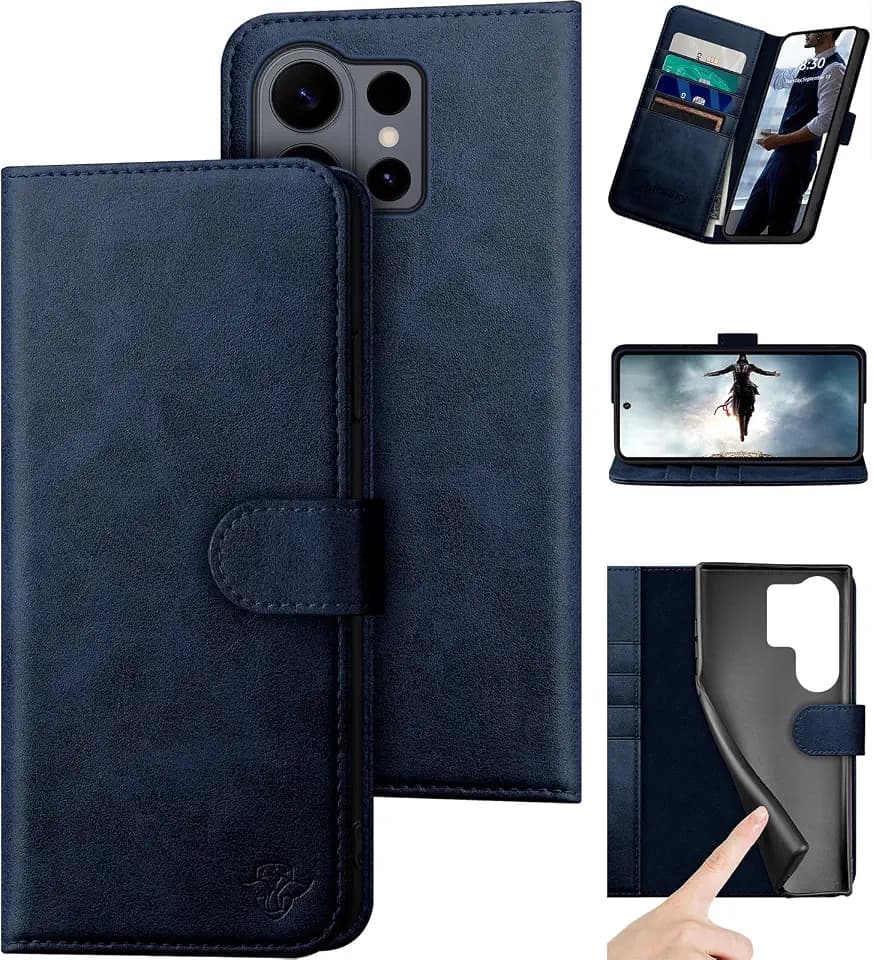 DuckSky Compatible with Samsung Galaxy S26 Ultra Genuine Leather Wallet case【RFID Blocking】【4 Credit Card Holder】【Real Leather】 Flip Phone case Cover Women Men for Samsung S26 Ultra case Dark Blue