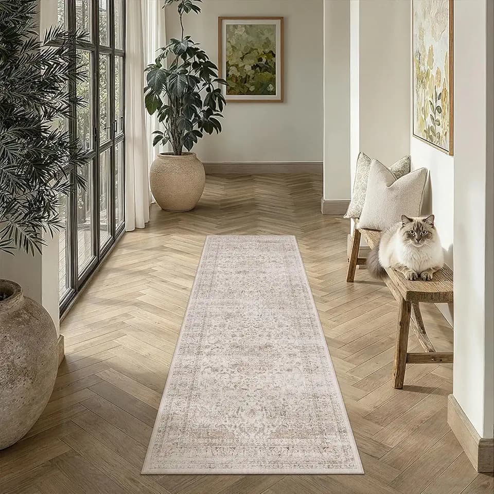 2x6 Washable Runner Rug Beige Vintage Rug for Hallway