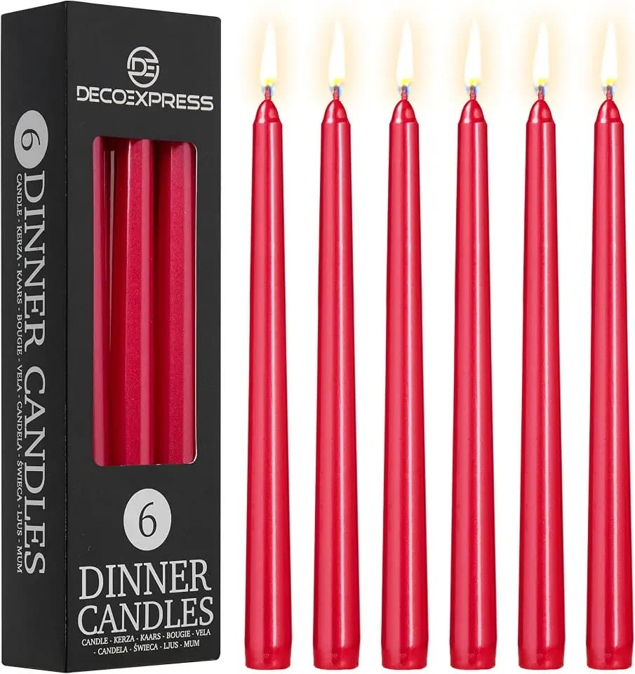 DECO EXPRESS Stabkerzen Set 6er, 10, 15 oder 50er, Lange Brenndauer bis zu 8 Std, Geruchslos (Metallic Rot - 6er-Pack)