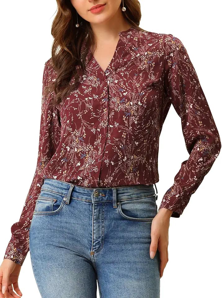 Allegra K Women Dressy Casual Floral V Neck Long Sleeve Trendy Work Top