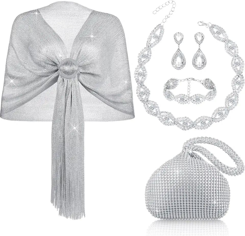 Hicarer 5 Pcs Silver Shawl Clutch Purse Jewelry Set