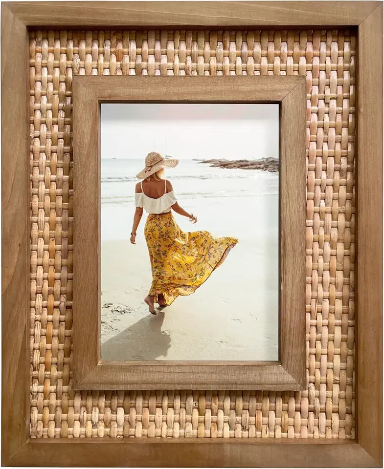 Fairwood Way 5x7 Picture Frame Handwoven Rattan (9.5"x11.5" Outer), Fits 5"x7" Photos - Sawtooth Wall Hanger & Tabletop Stand - Natural Coastal Display
