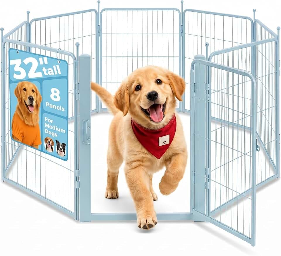 32 Inch Blue Dog Playpen, 8-Panel Metal Pet Exercise Pen with Door, Foldable Indoor Outdoor Dog Fence for Medium Dogs (Blue, 32inch)