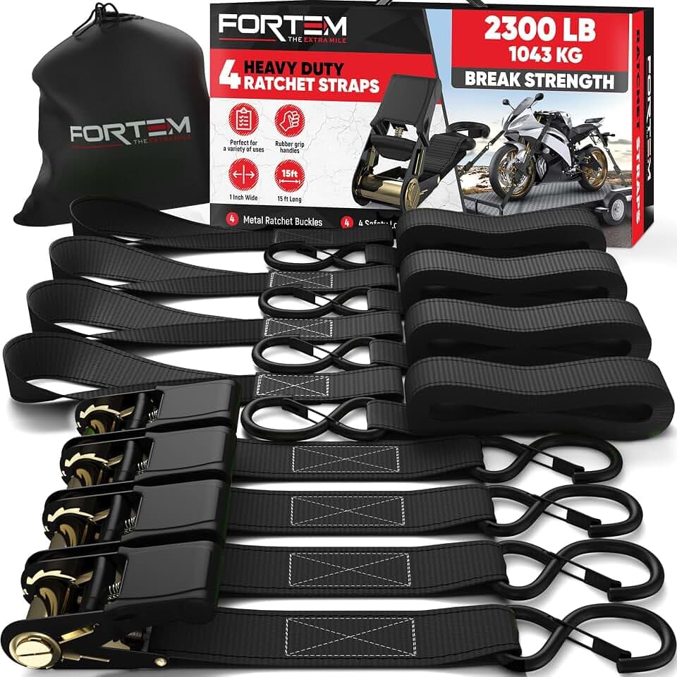 FORTEM Spanngurte - 1043 kg Bruchfestigkeit, 4 x 4,57 m Mit Ratsche - 4 Weiche Zurrschlaufen, Zurrgurte Mit Haken Aus Beschichtetem Metall - Gummigriffe - Tasche (Schwarz)