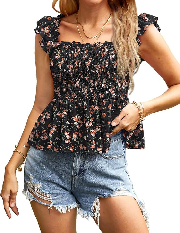Clarisbelle Women's Smocked Peplum Top Ruffle Babydoll Going Out Tank Shirt