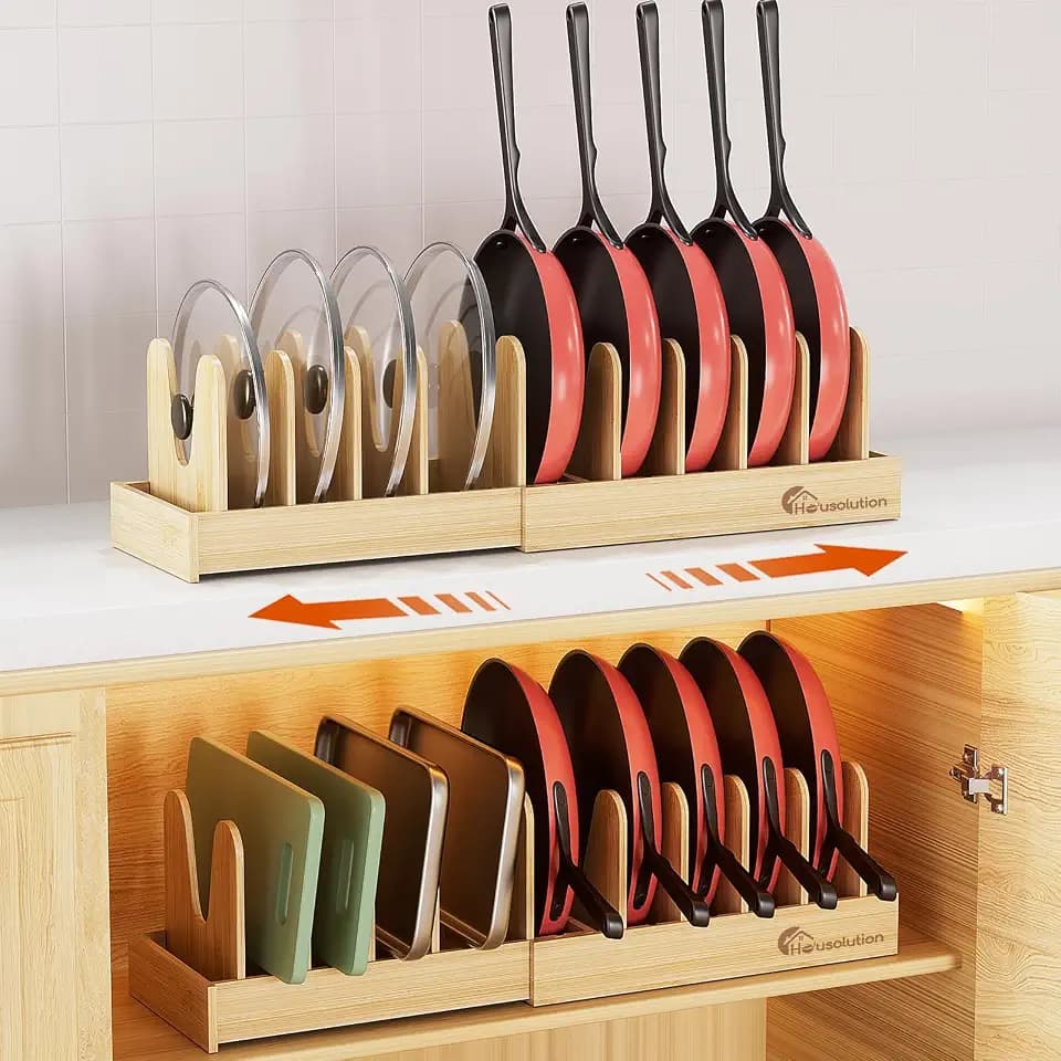 Housolution 2 Pack Bamboo Pot and Pan Lid Organizer Holder Storage Rack