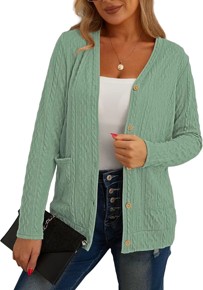 GRECERELLE Strickjacke Damen Cardigan Damen Elegant Gedrehte Strickjacke für den Herbst mit Knöpfen, V-Ausschnitt und praktischen Taschen, Dünne und Stilvoll