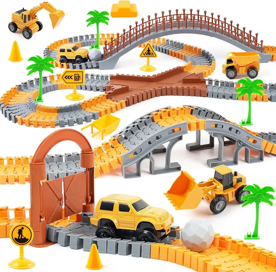 Magickidz 230+ PCS Construction Tracks Toy for Kids - DIY Engineering Building Set with Excavator, Dump Truck, Best Birthday Gift for Boys 3 4 5 6 7 Years Old, Flexible Race Car Track Playset