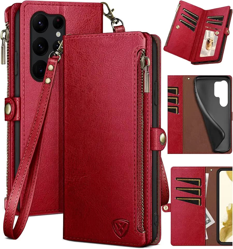XcaseBar for Samsung Galaxy S24 Ultra Wallet case with Zipper Credit Card Holder RFID Blocking,Flip Folio Book PU Leather Shockproof Protective Cover Women Men for Samsung S24Ultra Phone case Red