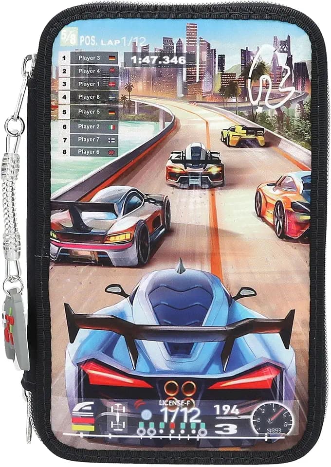 Depesche 13712 Action World Gaming - Gefüllte 3-Fach Federtasche in Dunkelblau, mit Motiv eines Auto-Rennspiels und Skyline, Federmappe mit Buntstiften, Schere, Lineal UVM.
