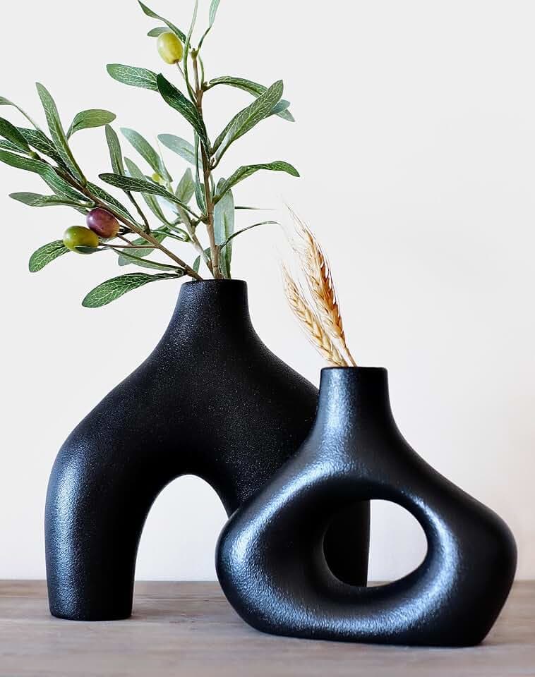 Carrot's Den Donut-Vase, 2er-Set, minimalistische nordische weiße Keramik-Hohl-Donut-Vase, Tischdekoration, Olivenpflanze, Hochzeit, Wohnzimmer, Bücherregal, Büro, modernes Zuhause, Eingang, Konsole
