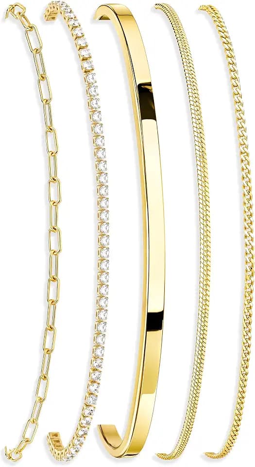 POXTEX 14K Gold Plated Bracelets for Women Waterproof, Non Tarnish Trendy Dainty Minimalist Stackable Jewelry Sets, Herringbone Cuban Paperclip Rope Bead Link Chain Stack Pack, Modern Fashion Accessories Gifts
