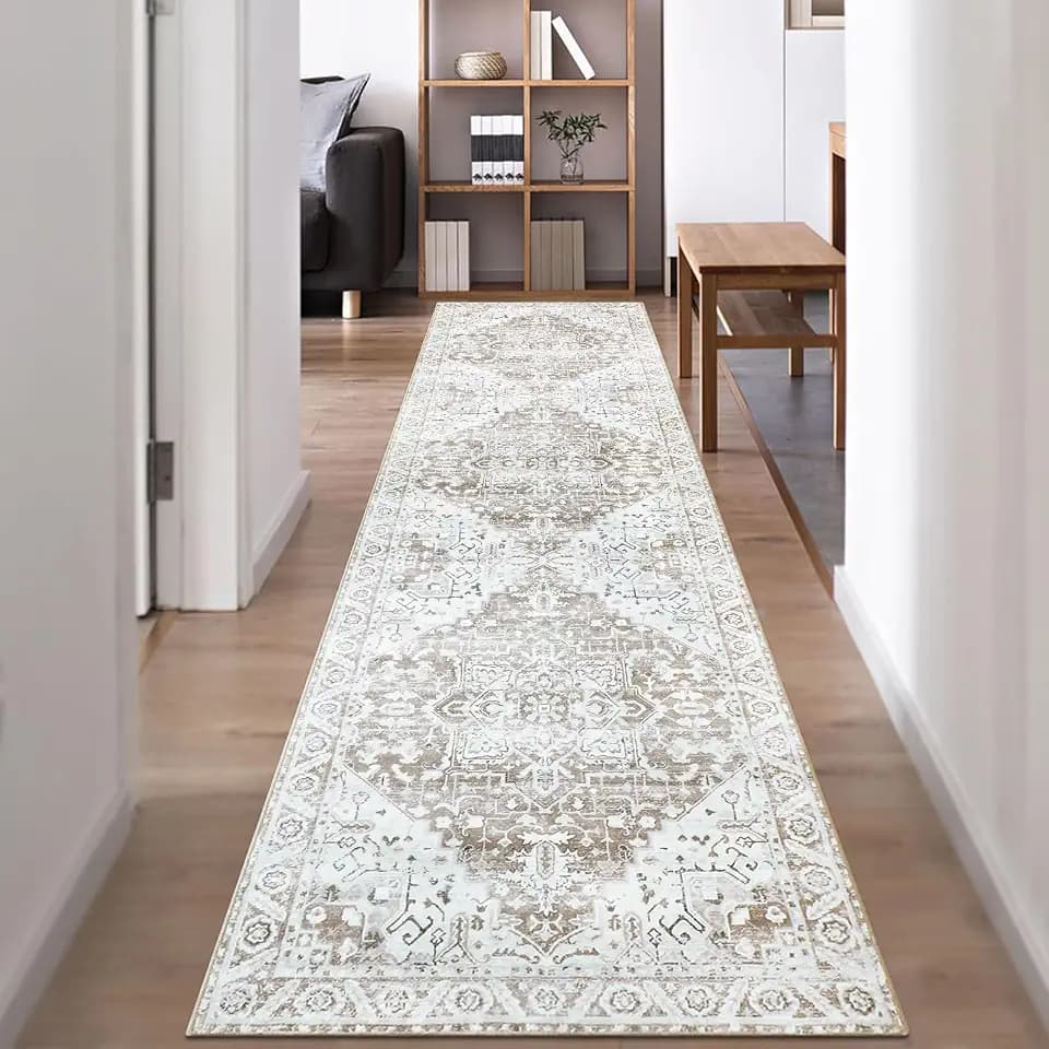 Famibay Flurteppich, rutschfest, für Flur, 60 x 300 cm, extra lang, waschbar, Beige, Braun, Vintage, Küchenteppich für Eingänge, Schlafzimmer, Waschküche