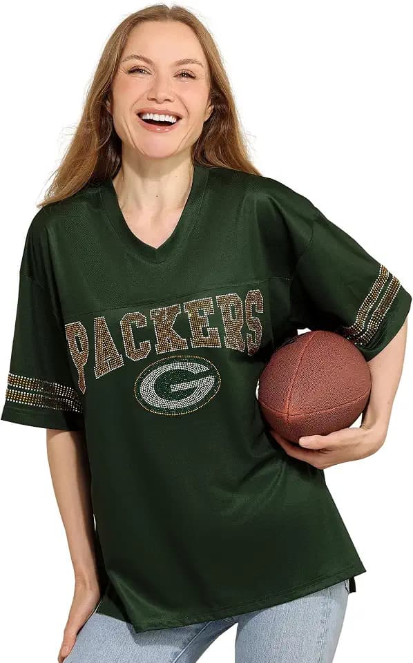 FOCO NFL Womens NFL Team Rhinestone Logo Oversized V-Neck Mesh T-Shirt