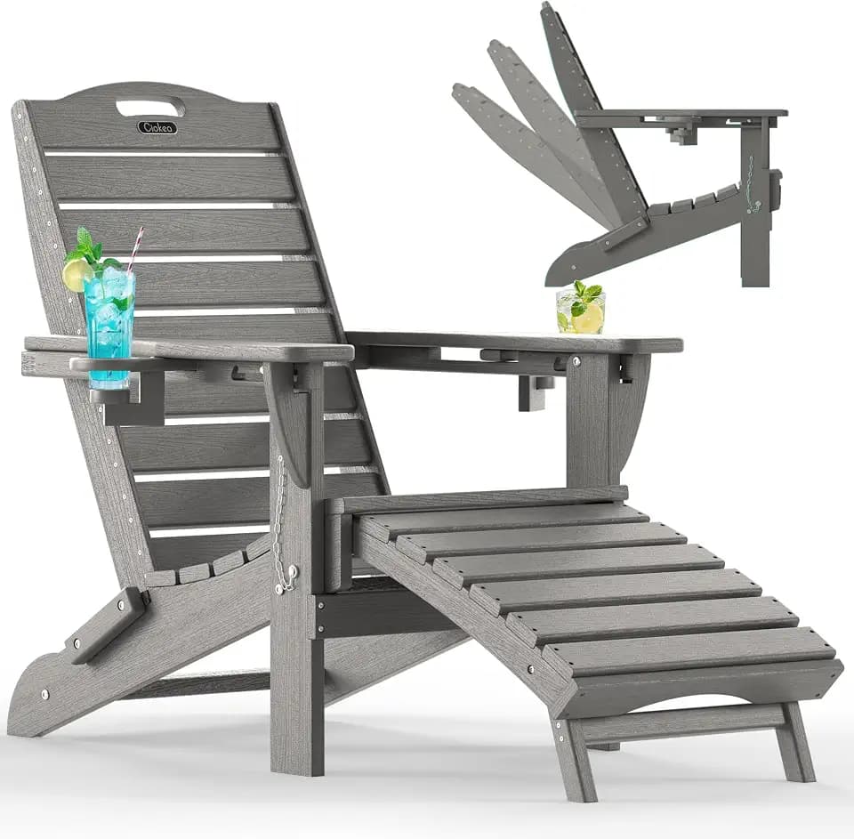 Ciokea HDPE Folding Adirondack Chair with Footrest,Grey,1