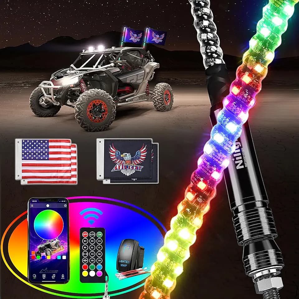 Nilight 2PCS 2FT RGB LED Whip Light with Extra Stop Turn Reverse Lights
