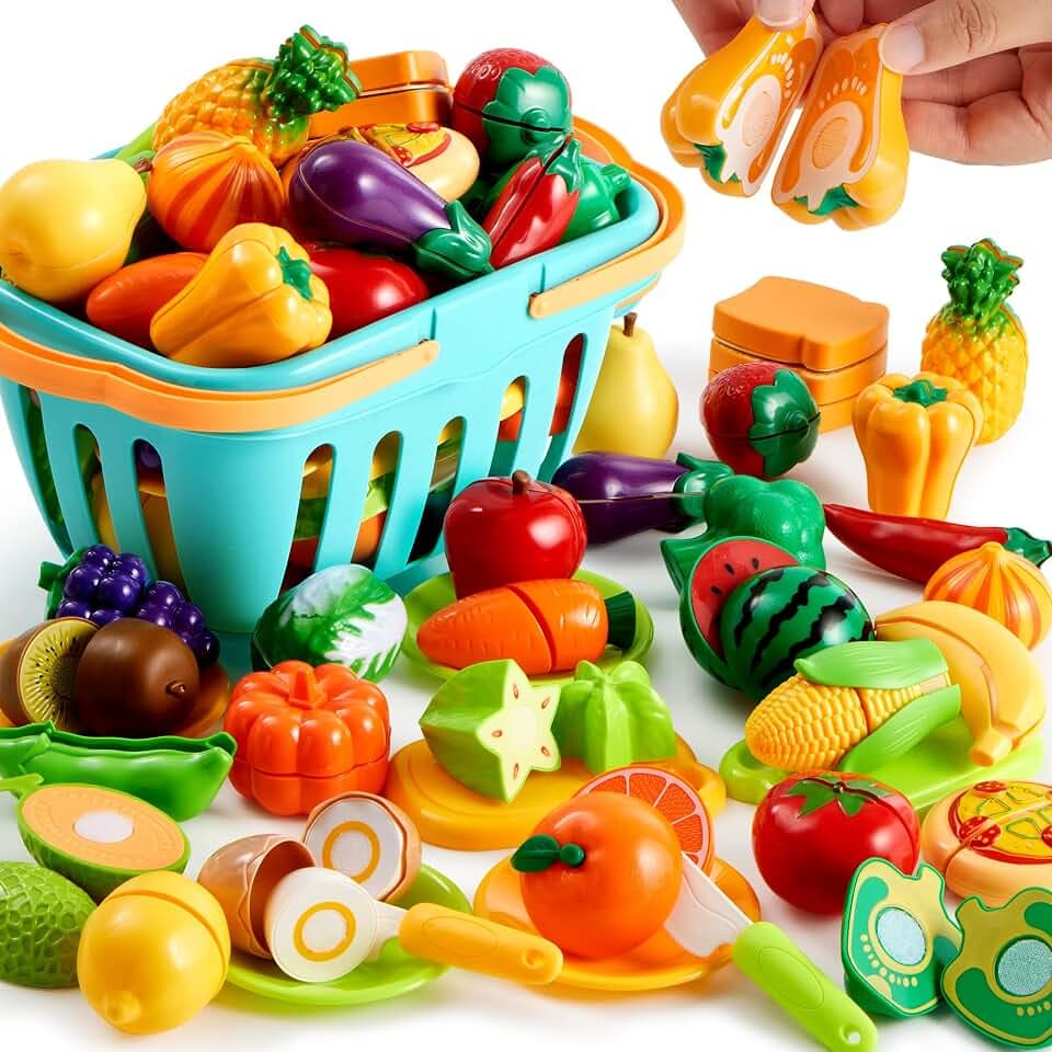 JOYIN 68-teiliges Spielzeug-Lebensmittel-Set zum Schneiden für Kleinkinder – Küchenspielzeug, Gemüse-und Obst-Spielzeug, Aufbewahrungskorb & Schneidezubehör, Geschenk für Jungen und Mädchen