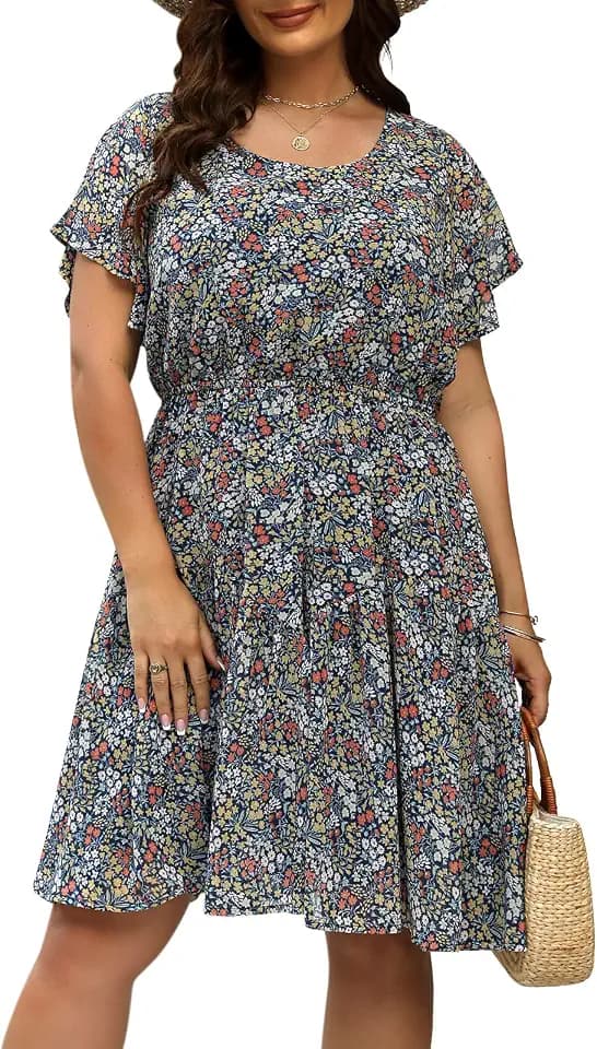 Nemidor Women Plus Size Summer Floral Midi Casual Dress Boho