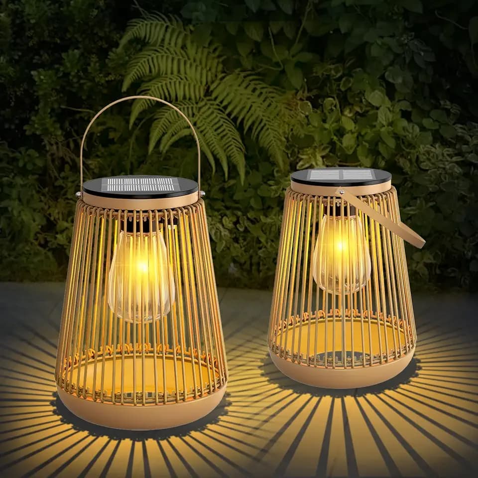 Solar Lanterns Outdoor Waterproof with Metal Base 2 Pack, Rattan Lanterns