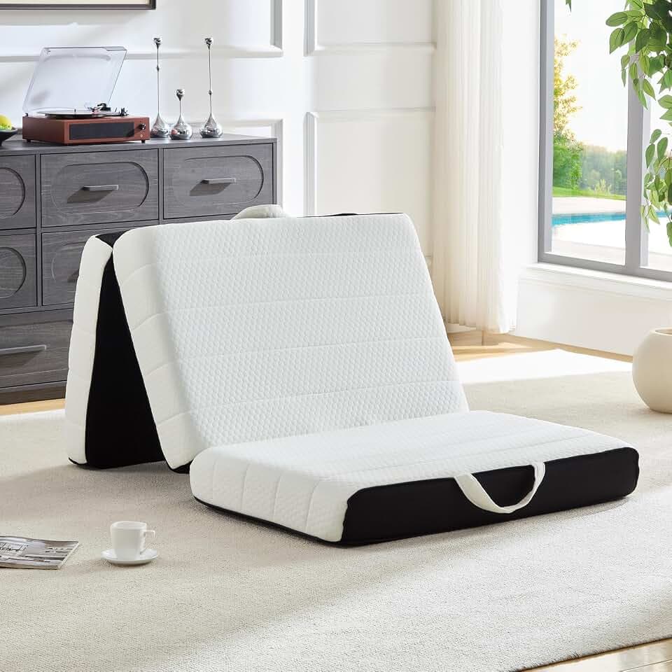 ROXGOX Foldable Mattress, Full Tri-Fold Memory Foam Mattress Topper with Washable Cover, Handle & Non-Slip Bottom, 4 Inch Portable Folding Bed for Guest, Yoga, Living Room, Camping - 73"x52"x4"