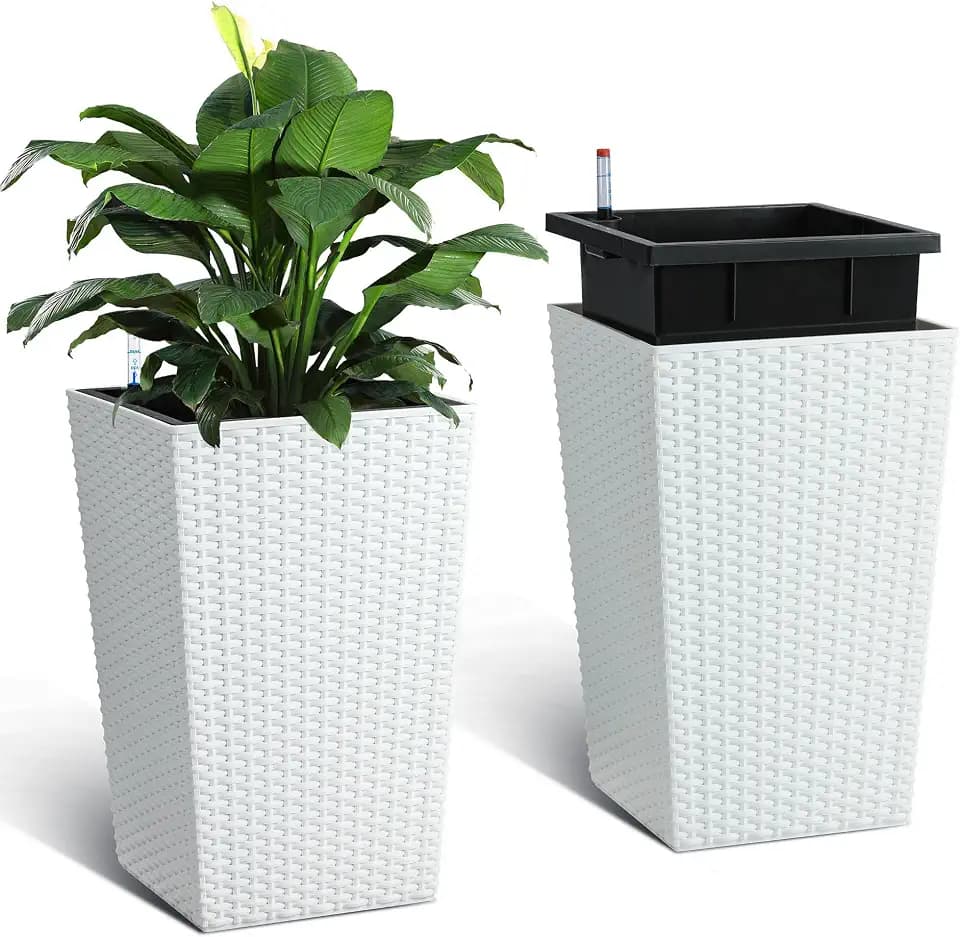 Garvee Set of 2 Tall Rattan Planters, 16 Inch Black Planters for Indoor Outdoor Plants, Flower Pots with Drainage & Water Level Window for Porch, Patio & Balcony