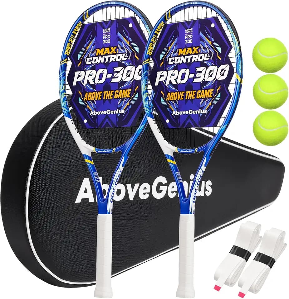AboveGenius Adult Tennis Racket Set, 2 Pre-Strung 27-Inch Tennis Racquets with One-Piece Frame, 105 sq. in. Oversized Head, Shock-Reducing Feel, Non-Slip Grips, 3 Balls & Carry Bag