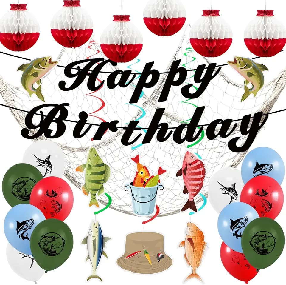 Gone Fishing Party Decorations Kit Include Hanging Banner Swirl Balloons (Happy Birthday)
