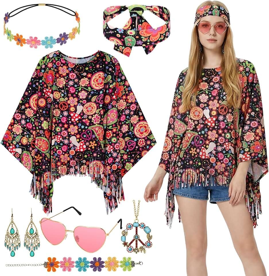 Alintor Hippie Kostüm Damen, 70er Jahre Outfit Damen