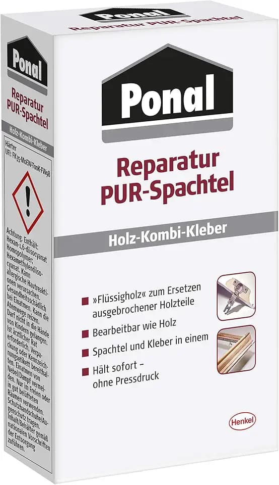 Ponal Reparatur PUR-Spachtel, zweikomponentige Holz Spachtelmasse & Kleber in einem zum Ersetzen ausgebrochener Holzteile, Holzspachtelmasse bearbeitbar wie Holz, 1 x 177g