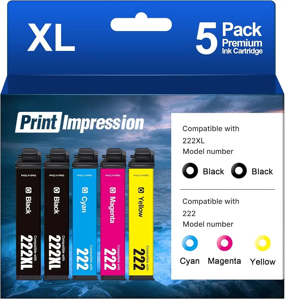 Remanufactured Replacement for 222XL Ink Cartridges for Epson Printer 5-Pack for Epson 222XL Ink Cartridges Combo Pack for Epson 222 Ink Work for Workforce WF-2960 Expression XP-5200 Printer