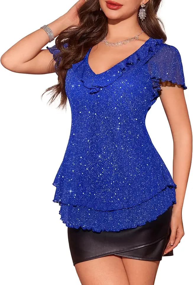BeryLove Women's Sparkly Ruffle Sleeve Dressy Evening Sequin Party Top