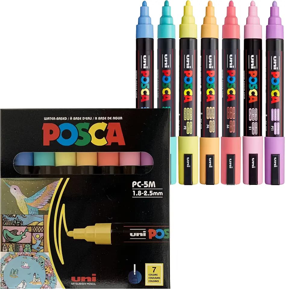 uni Posca 5M Medium Pastel Markers with Reversible Tips, Set of 7, Kids Art Supplies For Gifts, Decorations, Fabric, Metal, Glass, Wood and Canvas