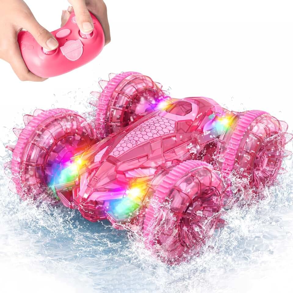 MidiVix Amphibienfahrzeug Ferngesteuertes Auto, 90 Min Spielzeit, 2.4GHz Double-Sided Stunt RC Auto Car mit LED Licht, 4WD 360° Drehung, Pool & Outdoor Spielzeug Geschenke für Kinder 6-12 Rosa