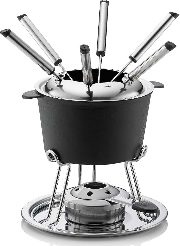 kela Fleischfondue Set 11tlg, Gusseisen Fondue für 6 Personen COMORE, Fondueset mit Brennpastenhalter, Gabeln, Gabelhalter