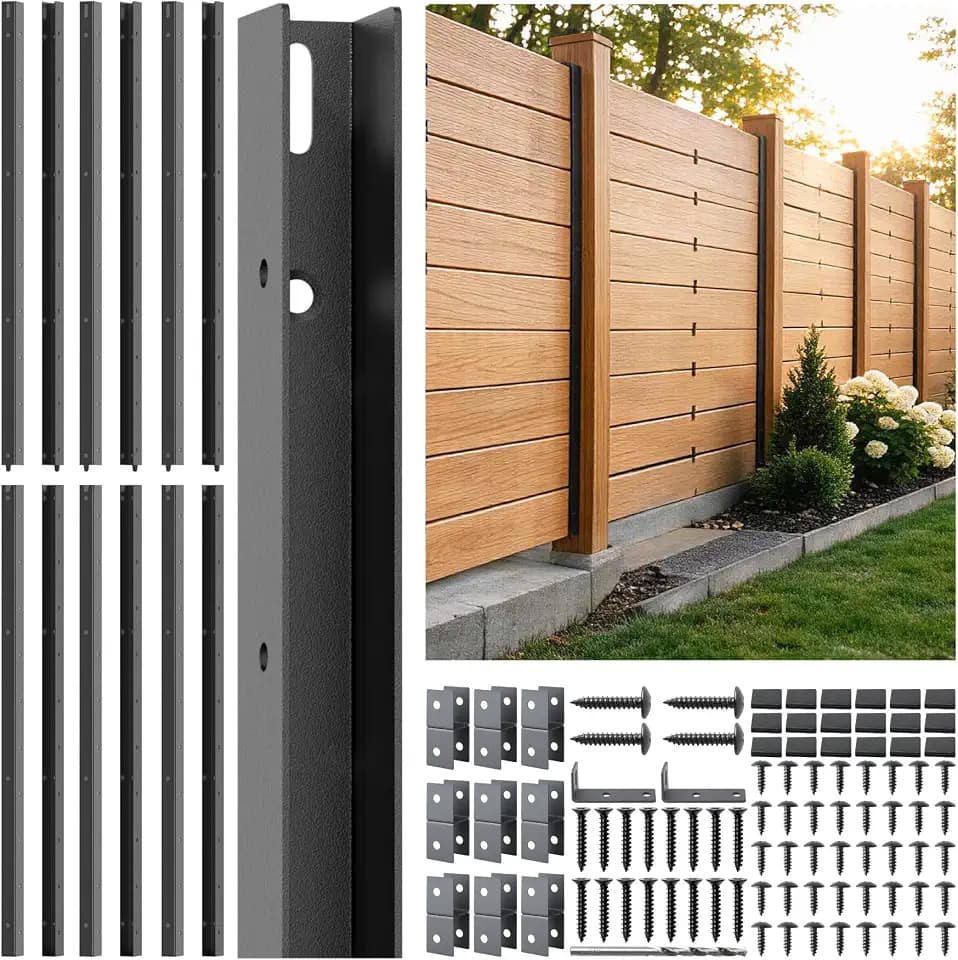 6FT No Dig Privacy Metal Fence Post for Wood Slat U-Shape，Black Line Post Outdoor Privacy Fence Panels Butt-Joint 6Pack