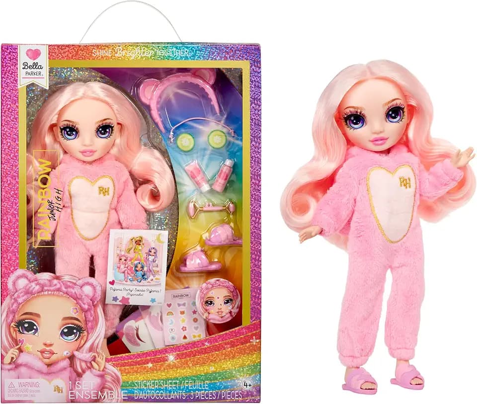 Rainbow High Junior High PJ Party - Bella (Pink) - 22 cm Puppe mit weichem Einteiler, Hausschuhen und Spielzubehör - Kinderspielzeug - Ideal für 4-12 Jahre