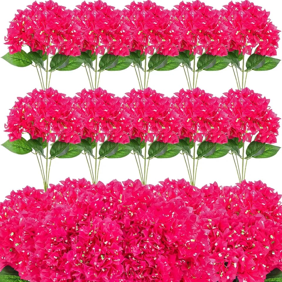 Thiccywoov 10 Pcs Artificial Flowers Bougainvillea Bush Faux Floral No Fade Faux Silk Bougainvillea Indoor Outdoor Fake Flowers for Garden Porch Wedding Centerpieces Home DIY Decor(Rose Red)