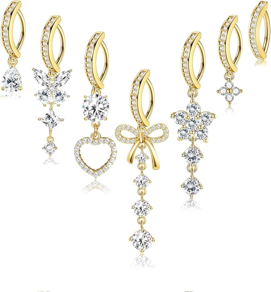 SMORI 7Pcs Clicker Belly Button Ring Dangle Hypoallergenic Stainless Steel 14G Reverse Belly Rings for Women Cute CZ Heart Butterfly Navel Ring Clicker Belly Button Piercings Jewelry Pack