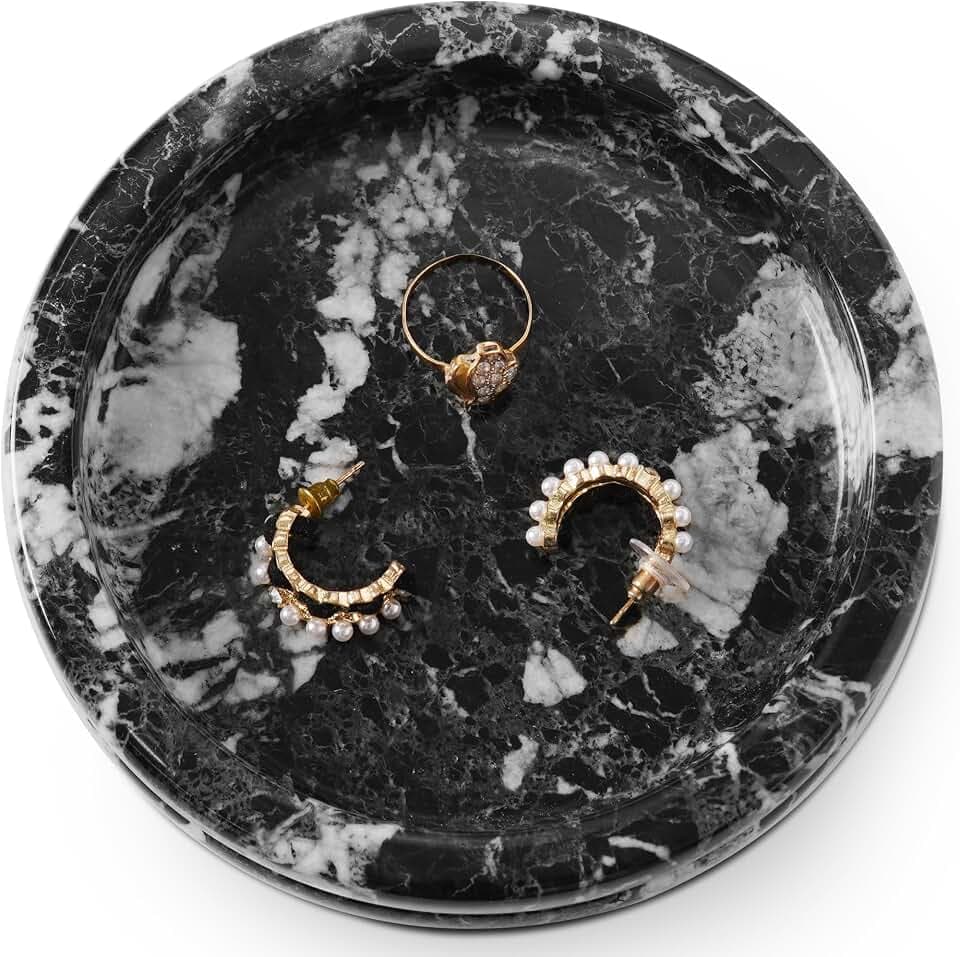SPESHSTONES Marmor-Schmucktablett, 12,7 cm, handgefertigter schwarzer Steinhalter für Ringe, Halsketten, Ohrringe und Parfüm-Organizer, dekorative Schmuckschale für Vintage-Schminktisch-Dekoration
