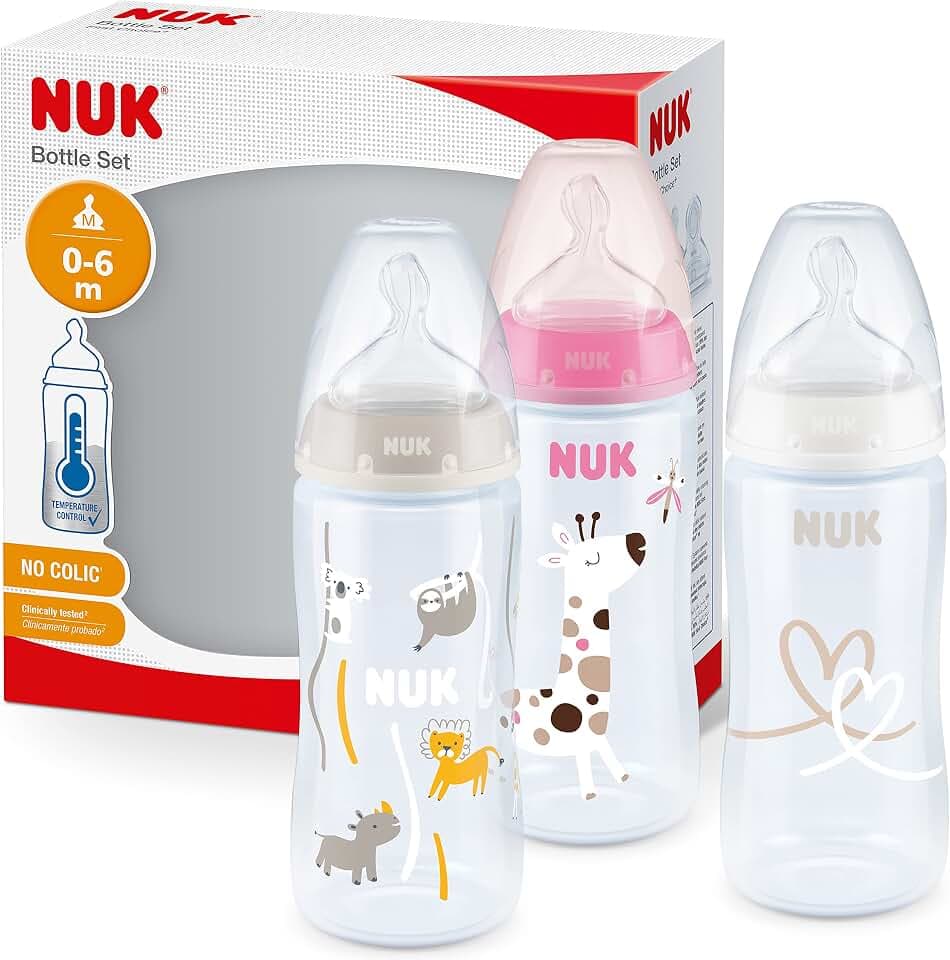 NUK First Choice+ Babyflasche im Set | 0–6 Monate | Temperature Control Anzeige | 300 ml | Anti-Colic-Ventil | Trinksauger aus Silikon | 3 Stück | rosa Giraffe