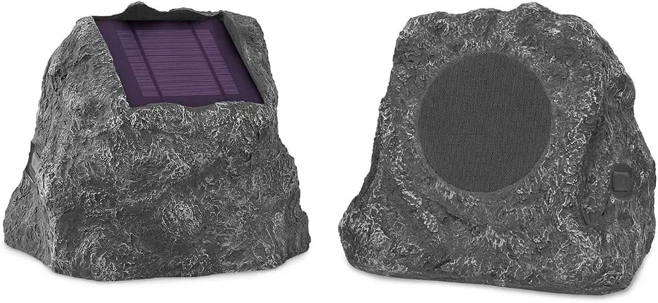 Victrola The Solar Rock Speakers Pair, 14 Hours PlayTime, IPX4 Rechargeable Solar Outdoor Bluetooth Speakers for Garden, Patio, Built for All Seasons, Wireless Music Streaming, Charcoal
