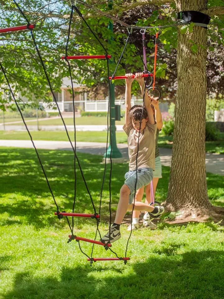Slackers Deluxe Ninjaline Kit 56 ft with 9 Hanging Obstacles - Best Outdoor Ninja Warrior Training Equipment for Kids - Build Your Very Own Backyard Ninja Obstacle Course - Rated Ages 5+