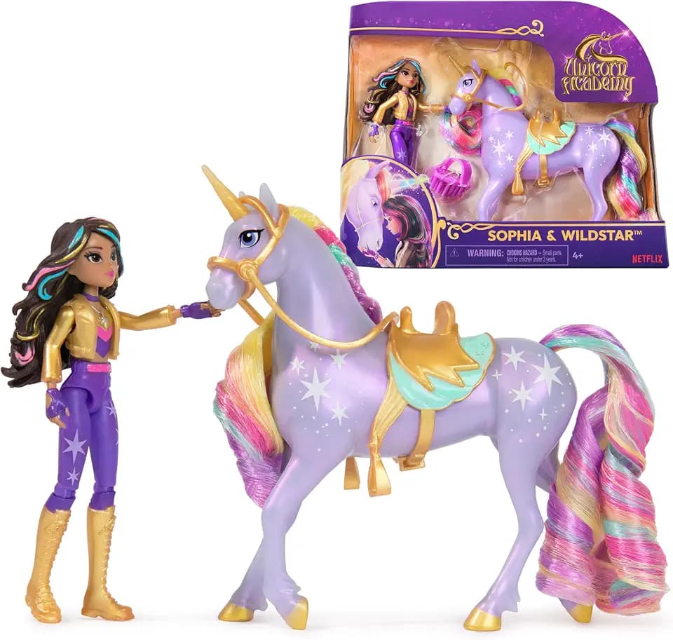 Unicorn Academy Sophia und Einhorn Wildstar Set - ca. 12 cm große Originalfiguren zur beliebten Netflix Serie mit zwei Accessoires und Haarbürste für fantasievolles Rollenspiel, für Kinder ab 4 Jahren