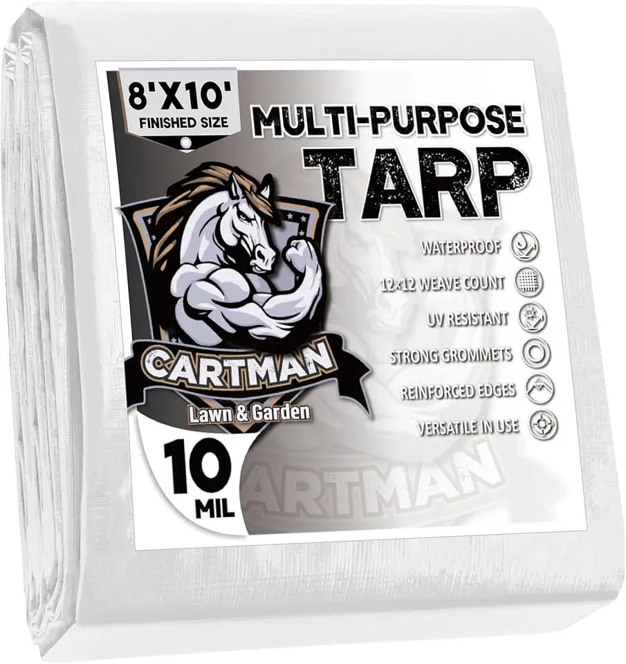 CARTMAN 8x10Ft Waterproof Poly Tarp, All Weather Cover 10 Mil, White